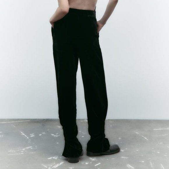 Zara High Waisted Long Velvet Gathered Ankle Trousers L - Picture 4 of 16